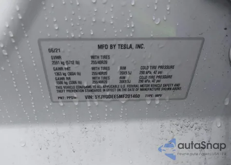 2021 Tesla Model Y Long Range Dual Motor All-Wheel Drive z USA, uszkodzony, nr VIN 5YJYGDEE5MF201460